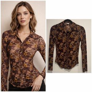 Wilfred Brown and Yellow Floral Button Down Shirt Size 2XS Arititzia